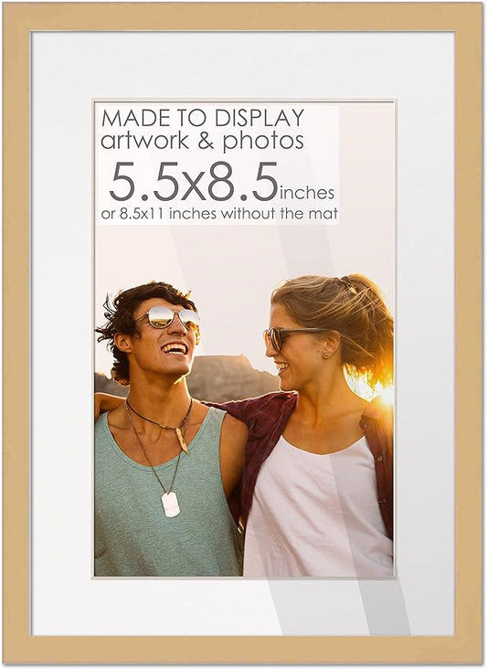 5.5x8.5 Frame Natural Wood with White Mat | 8.5x11 Frame Matted to 5.5x8.5 | Display Your Poster Under UV Acrylic Shatter Guard Front, with Foam Board Backing and Wall Hanging Hardware - Wall Frame