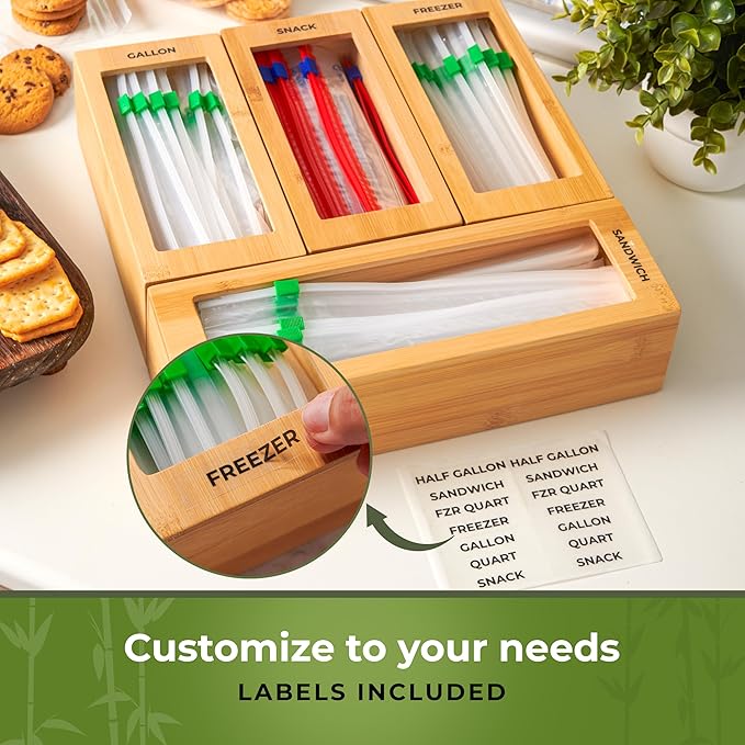 Storage Bag Organizer, Bamboo Baggie Organizer for Drawer, 4 Modular Blocks with Labels, Plastic Bag Storage Organizer, Quick Refill, Compatible with Gallon, Quart, Sandwich, Snack size bags