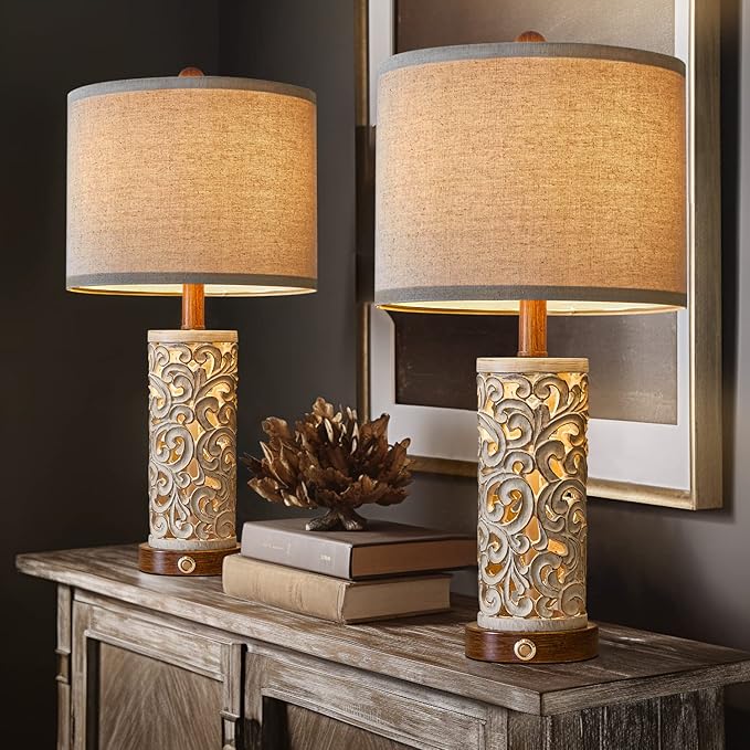 OYEARS 3-Way Dimmable 22'' USB A+C Touch Control Table Lamp Set of 2 with Nightlight for Living Room Bedroom Farmhouse Bedside Nightstand Lamps (Brown, Bulb Included)