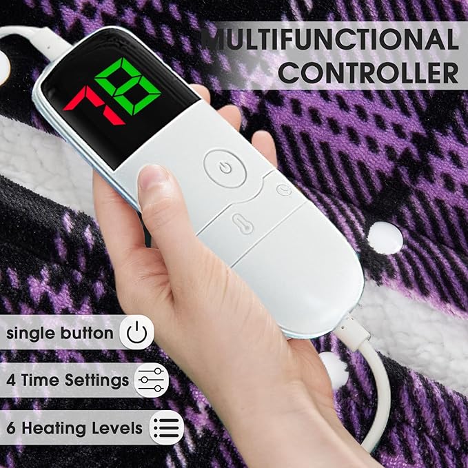 Heated Electric Blanket King Size, 90X100 Heating Blanket King with Dual Control&10 Heats Levels&Timer for Bed,Large Purple Plaid Sherpa Blankets Warmer Gifts for Grandma Women Adults, Washable,ETL