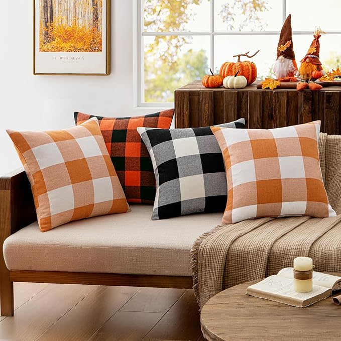 MIULEE Pack of 2 Fall Throw Pillow Covers Decorative Classic Farmhouse Buffalo Check Plaids Linen Soft Pillow Case Orange and White Cushion Case for Sofa Bedroom Outdoor 20 x 20 Inch