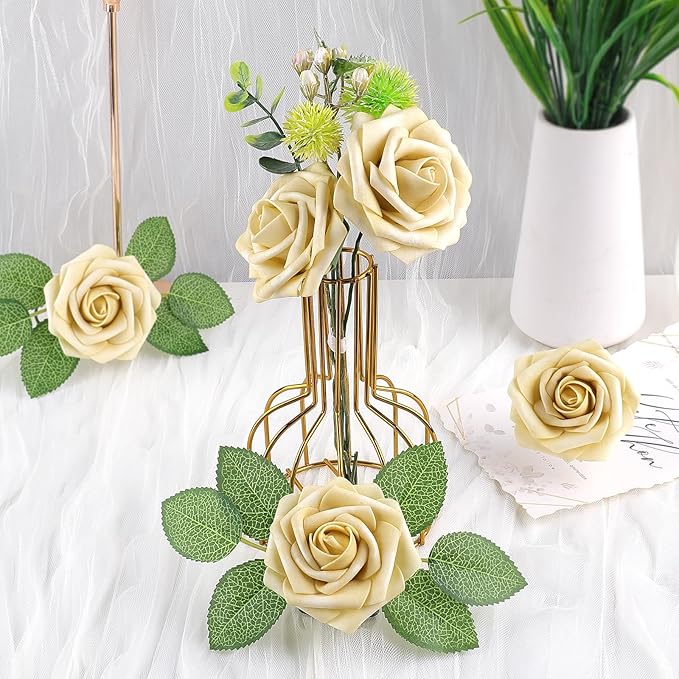 AmyHomie 25pcs Real Looking Artificial Beige Roses w/Stem for DIY Wedding Bouquets Centerpieces Arrangements Party Baby Shower Home Decorations