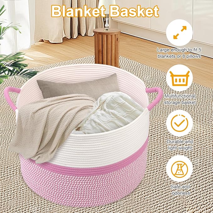 Pink Laundry Basket,20''x13''Woven Cotton Rope Laundry Hamper,Large Blanket Basket for Living Room,Baby Baskets,Kids Toy Storage Basket for Organizing,Woven basket,Clothes Hamper,Room Decor