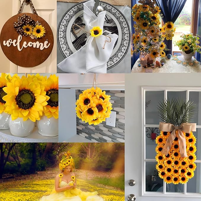 UKELER 50pcs 3.9" Artificial Sunflower Heads, Fake Sunflowers, Silk Sunflowers Decorations for Indoor Outdoor, Wedding Decoration, DIY Garden Decor, Party Decoration