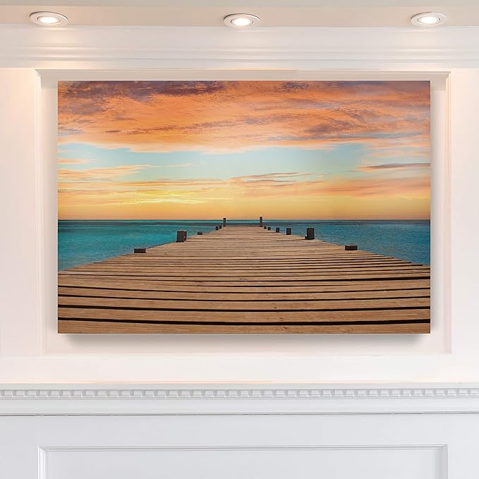 Renditions Gallery Nature Wall Art Pictures & Prints Ocean Dock View of Orange Sundown Canvas Hanging Artwork for Bedroom Office Kitchen Wall Decor - 18"X27" LT08