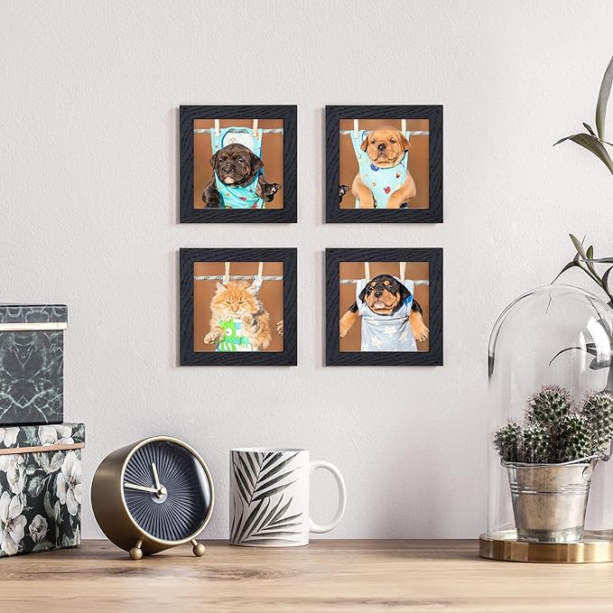 4x4 Black Picture Frames Set of 4, 4"x4" Solid Oak Wood Frame with Real Glass, 4 x 4 Photo Frames with Stand, 4x4 Wood Frames for Wall, Rustic 4 by 4 Picture Frame