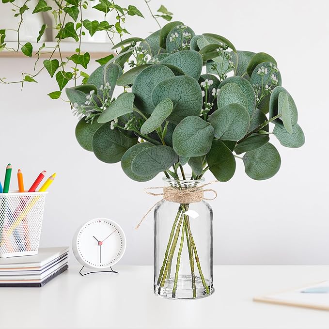 14" Artificial Eucalyptus Stems in Glass Vase with Faux Water, Realistic Eucalyptus Leaves Fake Plant Branch Greenery Decoration for Home Farmhouse Bathroom Kitchen Wedding Centerpiece Table Décor
