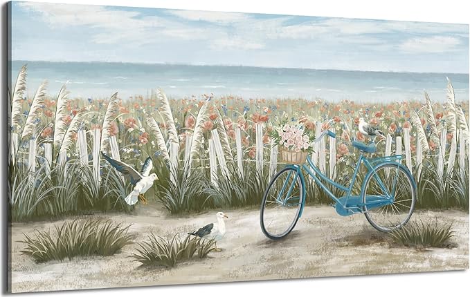 Large Wall Art for Living Room Boho Ocean Beach Canvas Print Coastal Vintage Wildflower Daisy Flowers Landscape Seaside Blue Bicycle Seagull Seascape Artwork for Seashore Farmhouse Bedroom 60x30inch