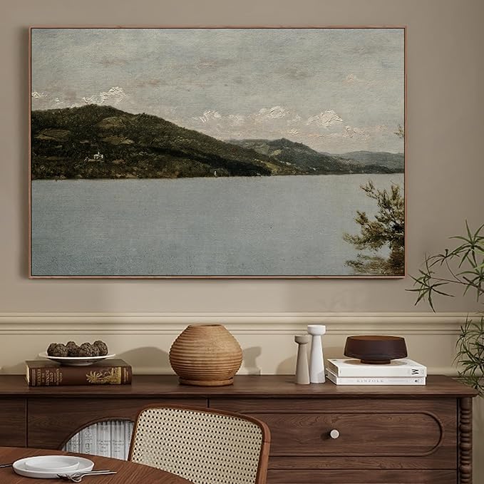 crmotu Framed Canvas Wall Art, Lake Landscape Vintage Large Artwork, Nature Scenery Retro Art Prints, Mountain River Moody Wall Painting for Living Room Bedroom Bathroom Office Decor Aesthetic 24x36in