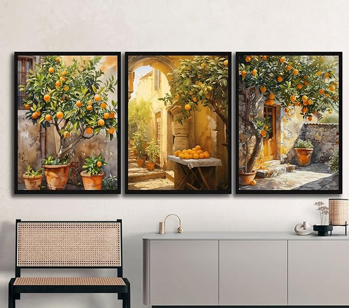 3Pcs Framed Canvas Wrap Wall Art Vintage Citrus Gallery Poster Artwork Mediterranean Style Pictures for Living Room Kitchen Bedroom Farmhouse or Dining Room 16x24 Inch
