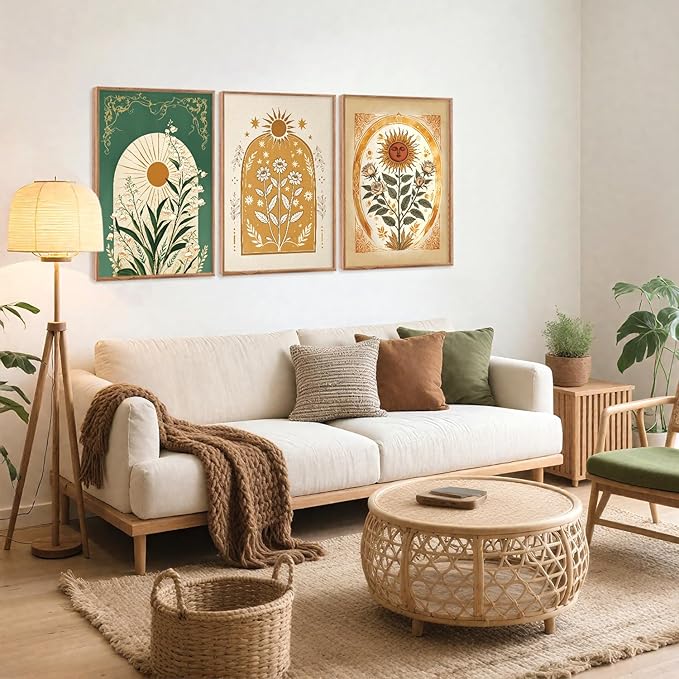 CHDITB Bohemian Sun Floral Framed Canvas Wall Art Set, Mystical Nature Wall Decor, Celestial Sun Art Prints, Vintage India Posters For Wall Modern Art Sunroom Living Room Office Art Prints 24"x36"x3