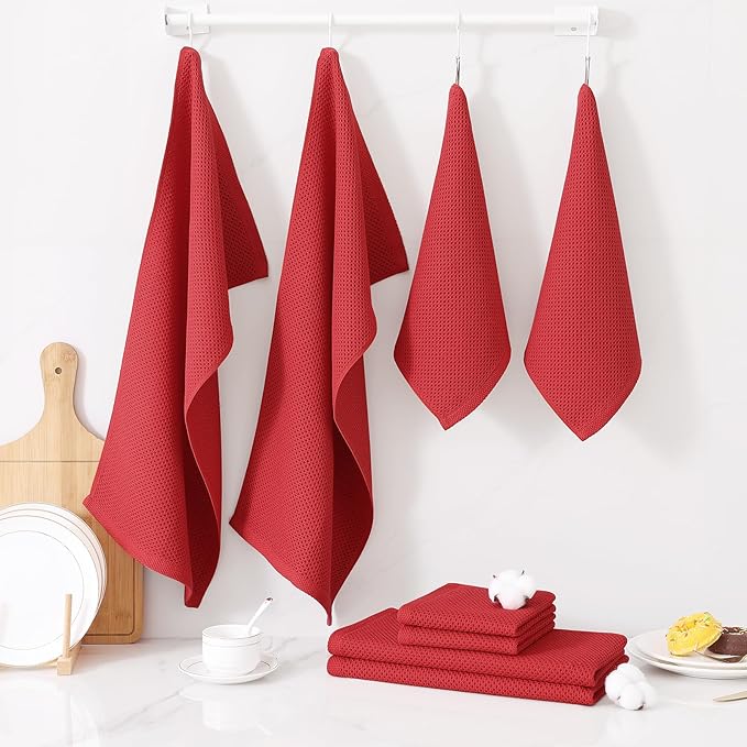 Homaxy 100% Cotton Kitchen Towels and Dishcloths Set, 12 x 12 Inches and 13 x 28 Inches, Set of 10 Bulk Kitchen Towels Set, Ultra Soft Absorbent Dish Cloths for Washing Dishes, Red