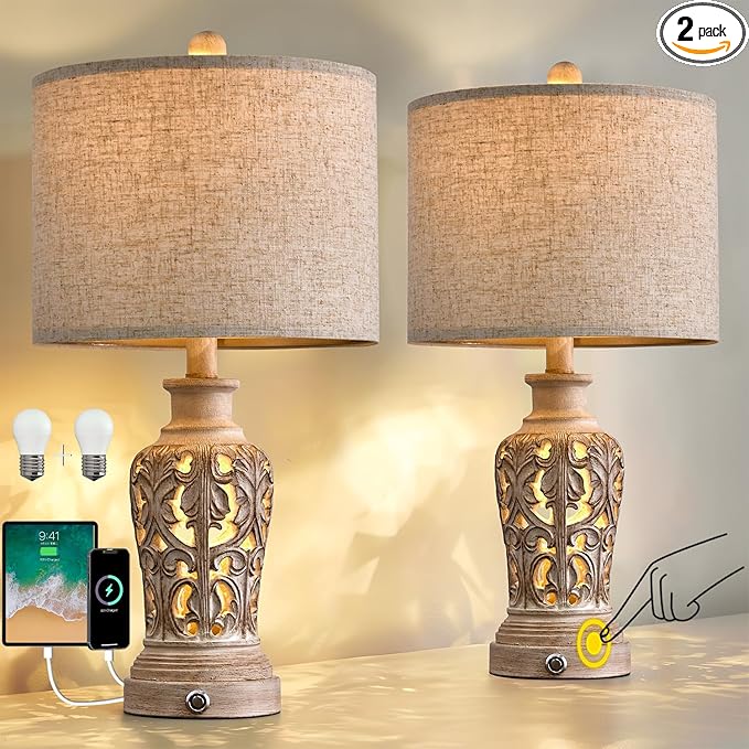 OYEARS 21.75’’Touch Control 3-Way Dimmable Table Lamp Set of 2, Retro Farmhouse Lamp with USB A+C Port, Vintage Nightlight Lamp for Living Room Bedroom Office, (Including 2 Bulbs)