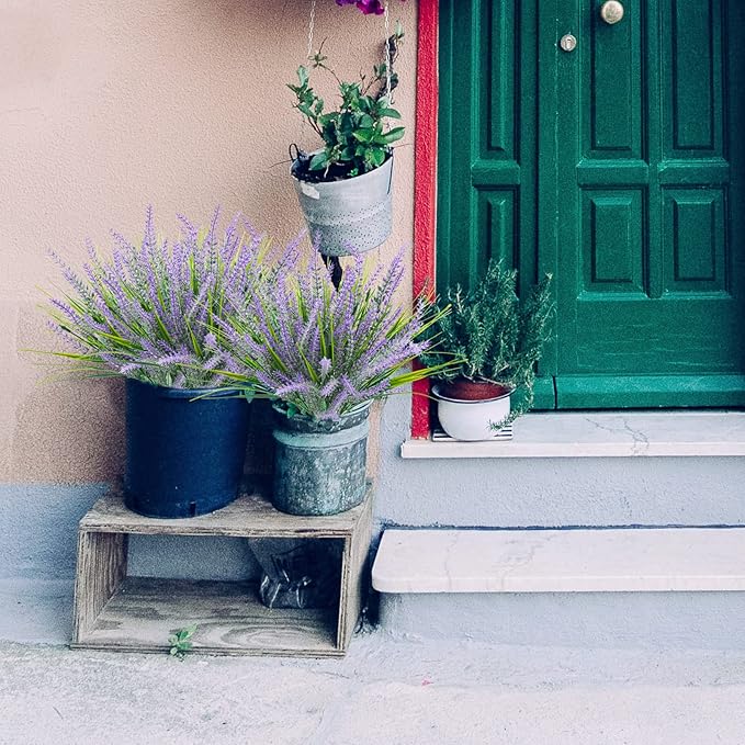 Uieke 6pcs Outdoor Artificial Lavender Plants, 14.5in UV Resistant 3PCS Fake Lavender Flowers with 3 PCS Faux Grass Greenery Stems for Home Kitchen Hanging Planter Garden Patio Décor Purple