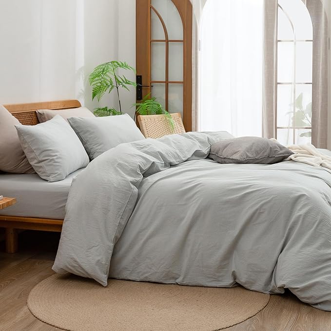BESTOUCH Duvet Cover Set 100% Washed Cotton Linen Feel Super Soft Comfortable Chic Lightweight 3 PCs Home Bedding Set Solid Northern Droplet Grey Cal King
