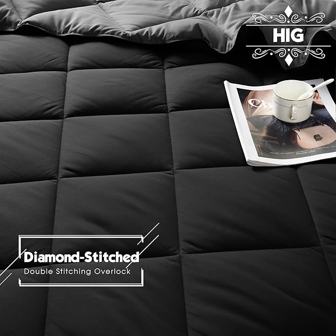 HIG 3pc Black Twin/Twin XL Comforter Set - All Season Reversible Down Alternative Comforter with Sham - Quilted Duvet Insert with Corner Tabs - Diamond Stitched Blanket - Breathable, Soft, Fluffy