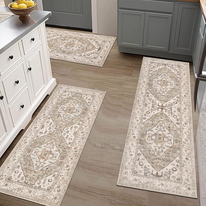 Pauwer Kitchen Mats for Floor 3 Piece Set Boho Non Slip Kitchen Rugs Washable Farmhouse Kitchen Floor Mats Thick Long Kitchen Throw Area Rug Carpet Runner for Hallway Laundry Bathroom, Brown Beige