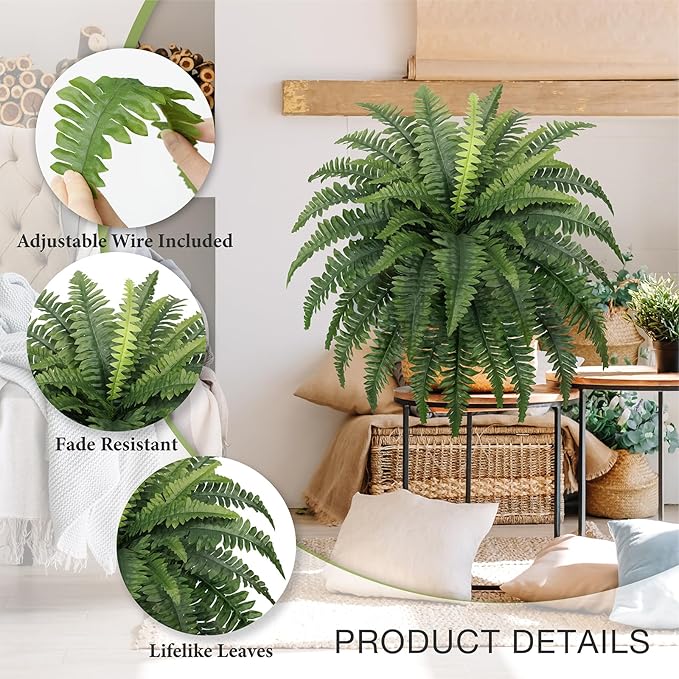 35" Fake Ferns, 4 Large Artificial Bonston Ferns Bushes Plants with 39 Fronds for Outdoors Garden Patio Porch Entrance Low Maintain Home Decor