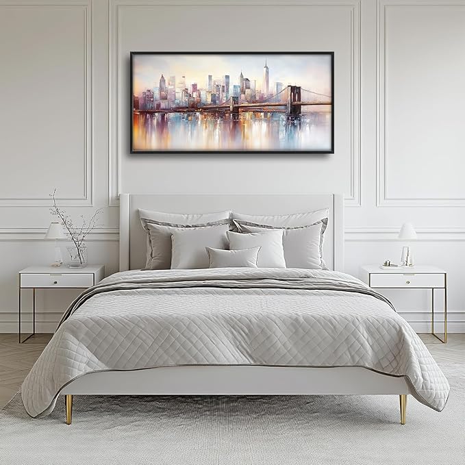 Olivine Large Wall Art, Brooklyn Bridge Pictures Wall Decor, New York Cityscape Canvas Prints Painting, Framed Artwork for Bathroom Bedroom Living Room Office Home Decoration 60"x30"
