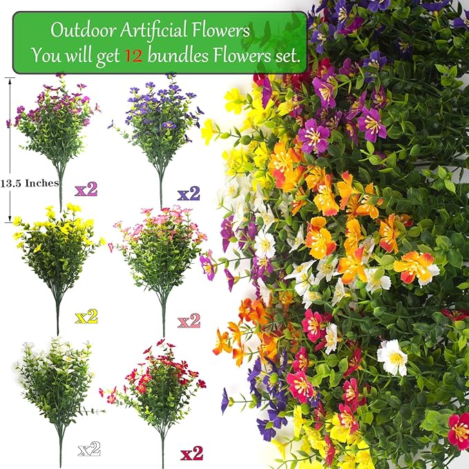 Outdoor Artificial Flowers UV Resistant & Fade Proof, 12 Pack Realistic Fake Flowers for Garden, Patio, Lawn Decor - Weatherproof Plastic Plants(Mix)
