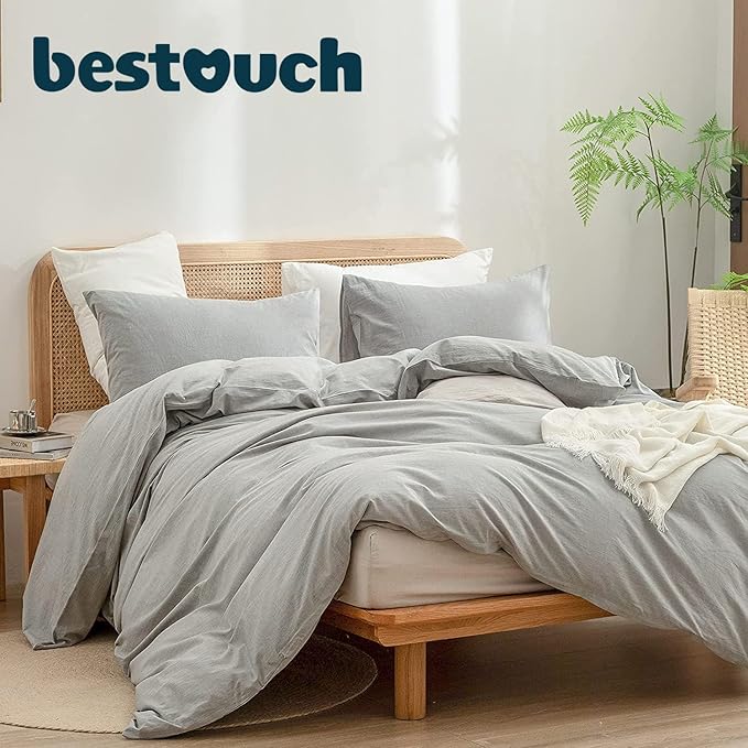 BESTOUCH Duvet Cover Set 100% Washed Cotton Linen Feel Super Soft Comfortable Chic Lightweight 3 PCs Home Bedding Set Solid Light Grey King