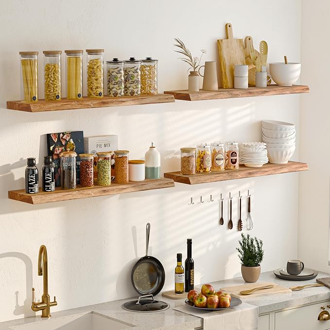 Fun Memories 36 Inch Floating Shelves – Set of 2, Rustic Elm Floating Shelves for Wall, Heavy-Duty Wall Shelf for Books, Wooden Floating Shelf with Invisible Bracket for Kitchen – Natural Finish