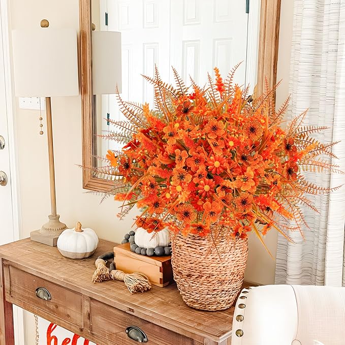 24 Pcs Artificial Fake Fall Flowers UV Resistant Faux Orange Mums Plants Arrangement for Outdoors Home Garden Window Porch Decor