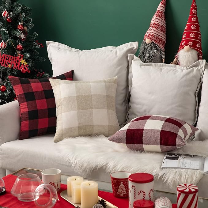 MIULEE Pack of 2 Farmhouse Buffalo Check Plaids Polyester Linen Soft Solid Cream White and White Decorative Throw Pillow Covers Home Decor Outdoor Cushion Case for Christmas Sofa Bedroom 22 x 22 Inch