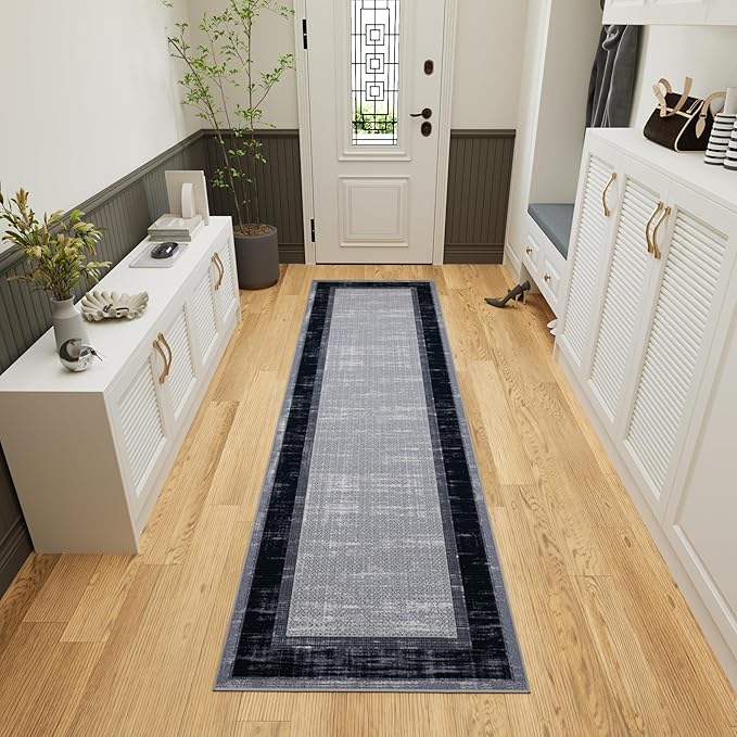 Ottomanson Hallway Runner Rug 2'7" x 9'10" Non Slip Border Area Rugs Easy to Clean Laundry Rug Runner Durable & Pet Friendly Floor Carpet Runners for Hallways Entryway Living Room Kitchen, Gray/Navy