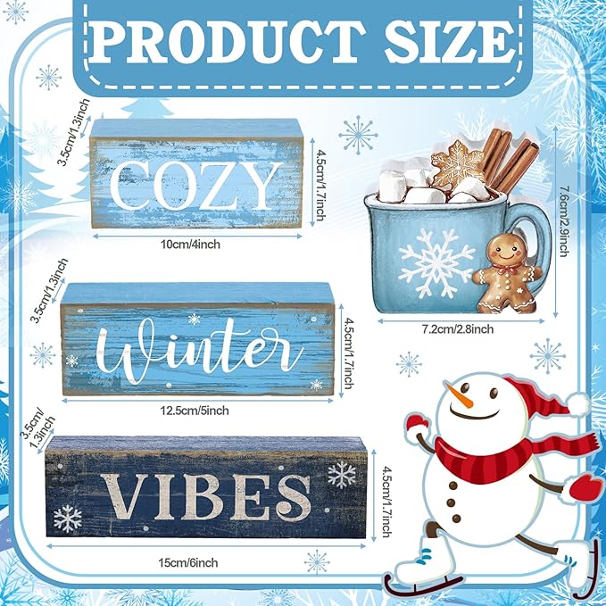 4 Pcs Christmas Table Decoration Wooden Hot Cocoa Decor Winter Tiered Tray Decor Christmas Centerpiece Rustic Decorative Hot Cocoa Block Sign Farmhouse Winter Decoration for Home Kitchen