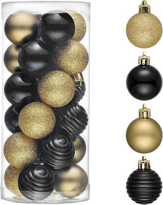 Valery Madelyn 1.57 Inches Small Christmas Tree Decorations Ornament Set for 4th of July Fall Halloween, 24ct Black and Gold Shatterproof Hanging Ball Ornaments Holiday Party Decor
