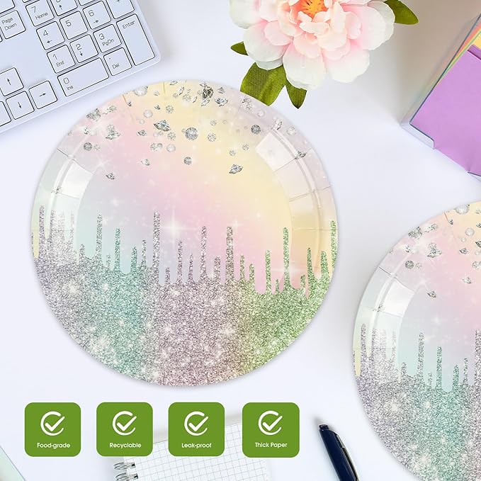 50PCS Colourful Glitter Paper Plates - 7inch Rainbow Diamond Birthday Dessert Plate for Cake Salad Pizza Disposable Supplies for Girls Women Mermaid Anniversary Birthday Wedding Party