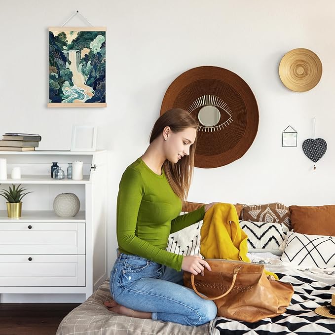 FITIE Green Abstract Japanese Waterfall Forest Scenic Canvas Wall Art Poster, Watercolor Blue Green Nature Landscape Wall Decor Prints for Japanese Home Bedroom Living Room, 12x16 Inches