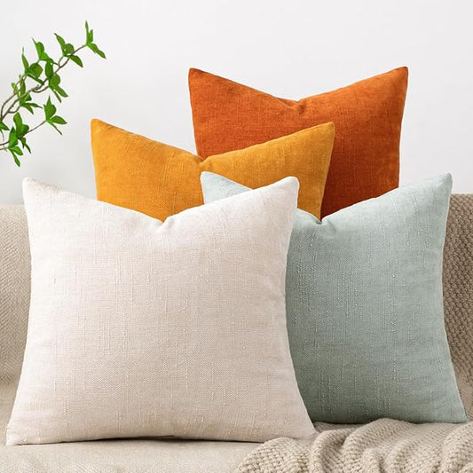 Set of 4 Soft Textured Decorative Throw Pillow Covers 20x20 Inch Cozy Farmhouse Cushion Cover Square Accent Pillow Cases for Bed Couch Sofa Living Room, Beige Aqua Burnt Orange