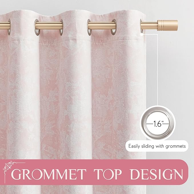 Beauoop Pink Floral Jacquard Blackout Curtains 90 Inches Long 2 Panels for Bedroom Living Room Chenille Flower Room Darkening Thermal Insulated Soundproof Grommet Window Treatments Drapes, 52x90