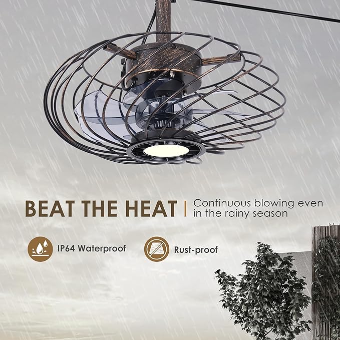 15" Outdoor Ceiling Fan with Light, Waterproof Gazebo Fan Remote Control, Dimmable LED Light, Hanging Black Caged Ceiling Fixtures with Plug in Cord for Patios Pergola, Black Gold