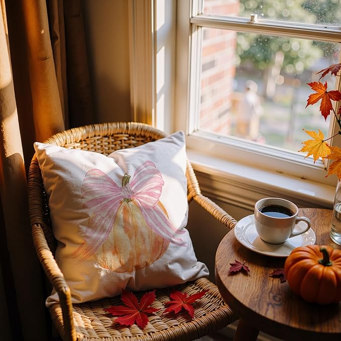 Coquette Pink Bow Pumpkin Fall Pillow Covers 18x18, Preppy Fall Decor, Pink Girly Pumpkin Autumn Decorative Throw Pillow Covers for Girls Room Home Dorm Bedroom Living Room