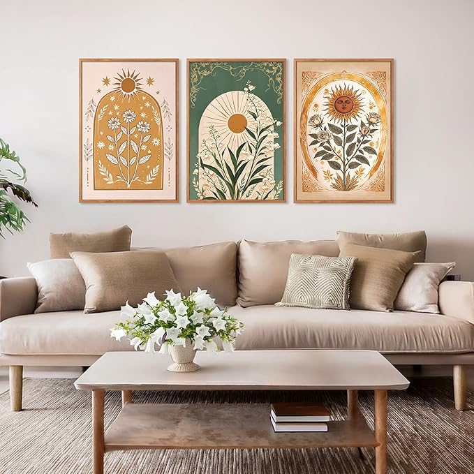 CHDITB Bohemian Floral Framed Canvas Wall Art Set, Nature Inspired Wall Decor, Boho Sun Art Spiritual Wall Painting, VintageArt Flowery Prints for Living Room, Bedroom, Office-Large Size 16"x24"x3