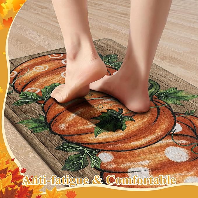 SHACOS Fall Anti Fatigue Kitchen Mats 2 Pcs Orange Pumpkins Wood Board Autumn Harvest Non Slip Cushioned Floor Mat for Kitchen Ergonomic Standing Mats Fall Decor, 17x27.5+17x47, Orange Pumpkins