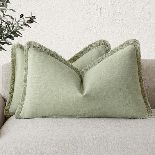 Foindtower Set of 2 Decorative Linen Fringe Lumbar Throw Pillow Covers Farmhouse Cushion Cover with Tassels Soft Accent Pillowcase for Couch Sofa Bed Living Room Home Decor,12×20 Inch,Light Sage Green