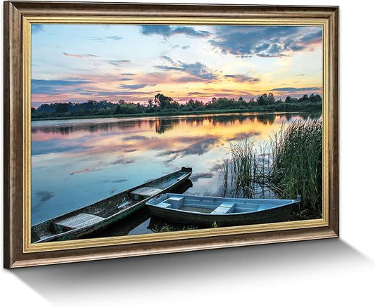Lake Scene Canvas Wall Art: Large Framed Landscape Print Picture Relaxing Gorgeous Sunset Forest Artwork Calming Boat Reed Painting Contemporary Country Scenery Photo for Living Room Office