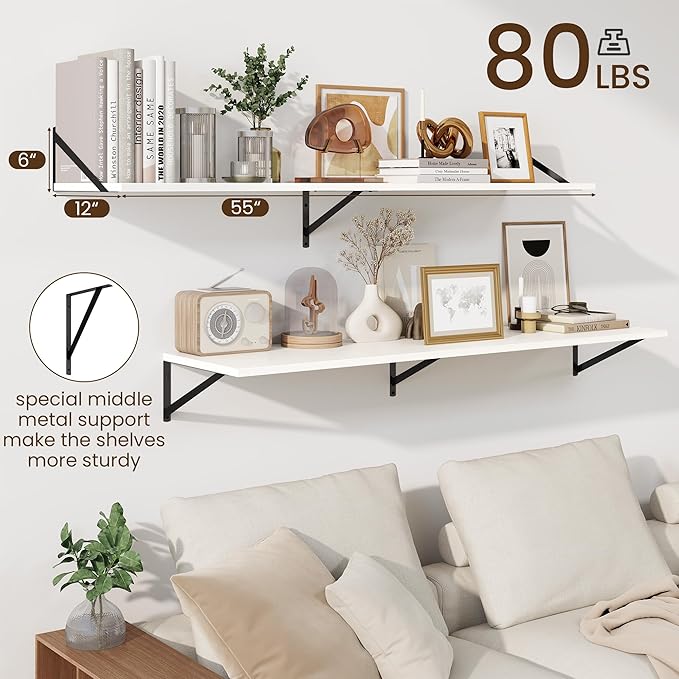 Fun Memories Floating Shelves for Wall, 12 Inch Deep Floating Shelves Set of 2, 55W x 12D Large Wall Shelf with Sturdy Metal Brackets for Living Room, Bathroom, Bedroom and Kitchen, White