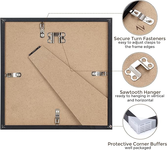 Rustic Oak 8x8 Picture Frame, Solid Oak Wood, 8"x8" Square Photo Frame with Tempered Glass, Matted to 4"x4", Black, Set of 2