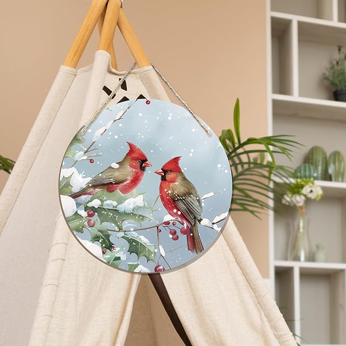 CGBHW Winter Christmas Cardinal Birds Wooden Sign, Winter Branches Berry Snowflake Snow Decoration Hanging Sign Wall Decor, Rustic Farmhouse Christmas Holiday Seasonal Wooden Sign for Home Door Decor 12 x 12 Inch