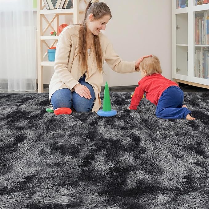 Black Grey Tie-Dyed Rug for Living Room 8x10 Fluffy Area Rug Mat Bedside Throw Rug for Bedroom Kids Room Boys Teens Nursery Baby Dorm Office Home Decor Aesthetic Carpets