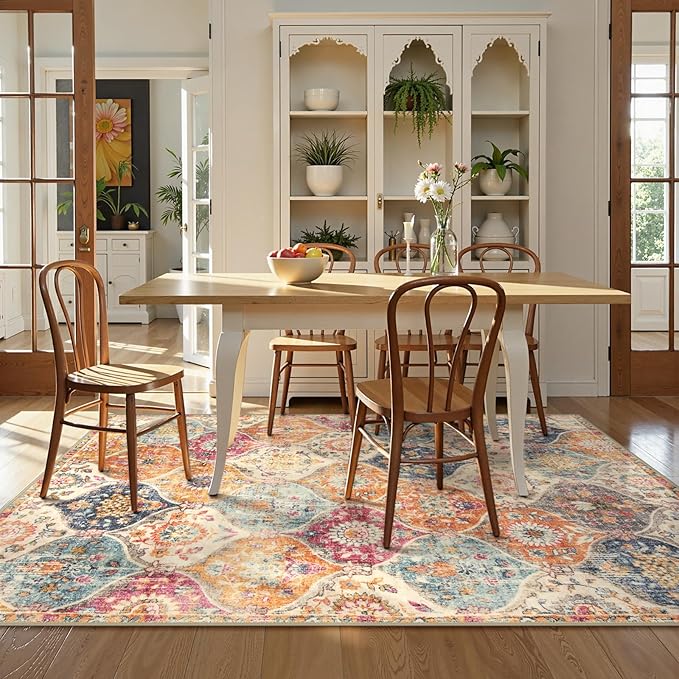 Lahome Moroccan Trellis Washable Area Rugs 5x7, 5x7 Area Rugs for Living Room Bedroom, Indoor Non-Slip Large Oriental Accent Throw Carpet for Kitchen Entryway Bathroom Office, Cream/Multi