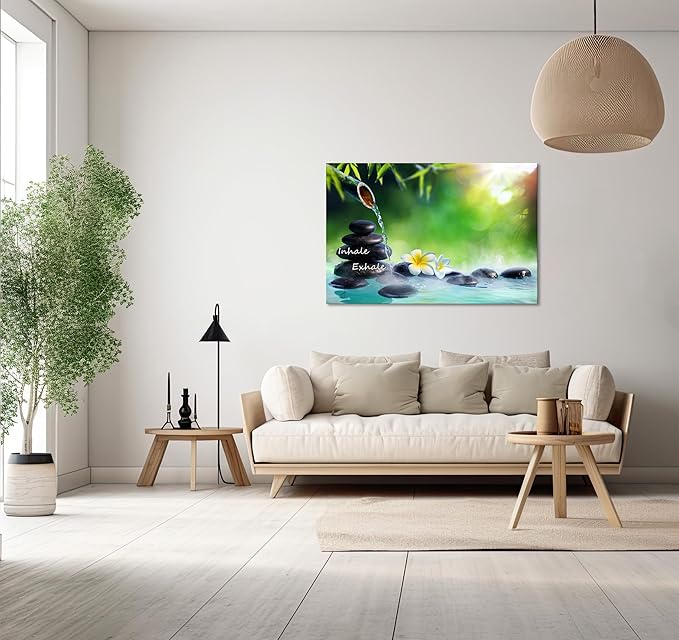 YIOZHAOFH Spa Canvas Print Art Nature Zen Painting Relaxing Bathroom Wall Art Decor White Lotus Pictures Framed Artwork Inhale Exhale Poster Office Decor for Spa Room Bedroom (20L x 30W)