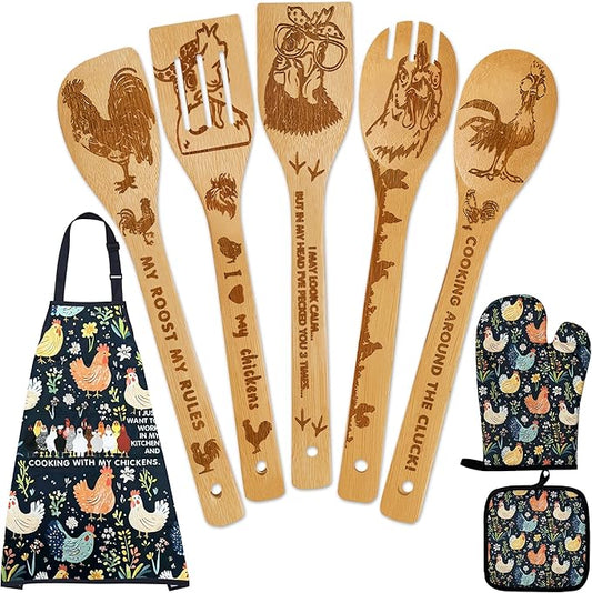 8pcs Chicken Bamboo Cooking Spoon with Apron and Oven Mitts, Rooster Kitchen Utensil Decor Gifts for Women Chicken Lovers,Roosters Themed Decorations for Home,Party Housewarming Presents Ideas