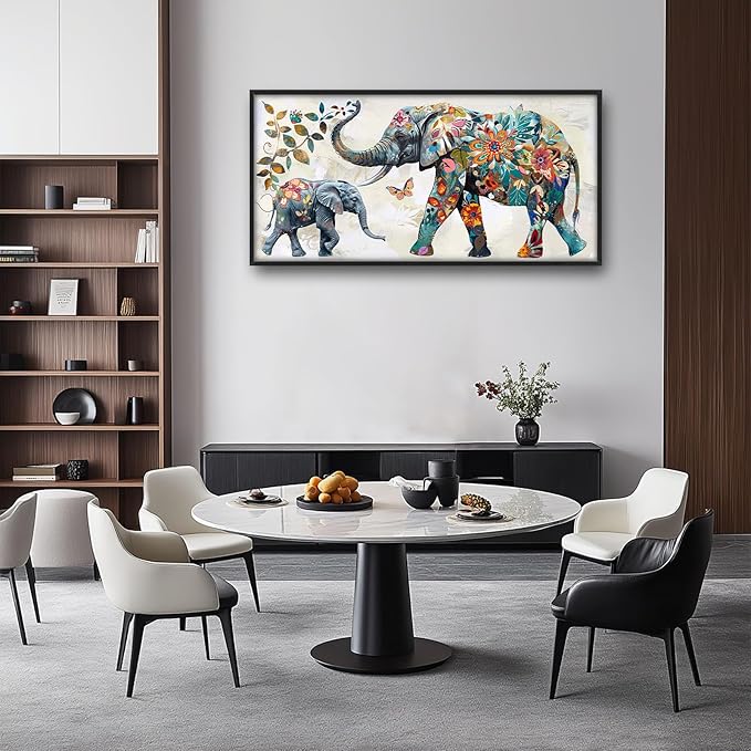 Abstract Elephant Large Framed Wall Art Oversized Floral Elephants Pictures Wall Decor Flower Leaf Butterfly Canvas Print Painting Aesthetic Modern Artwork for Living Room Bedroom Office Bathroom Home Decor 60L"x30W"