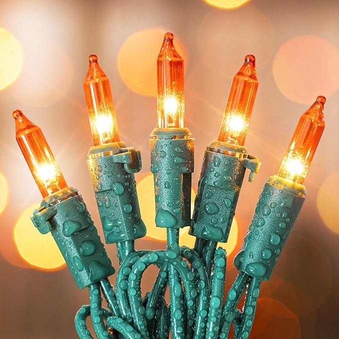 Orange Halloween Tree Lights with Green Wire,13ft 50 Incandescent Bulb Waterproof Fairy Lights，Plug in Mini String Lights for Christmas, Patio, Holiday, Party, Home, Indoor Outdoor Decor